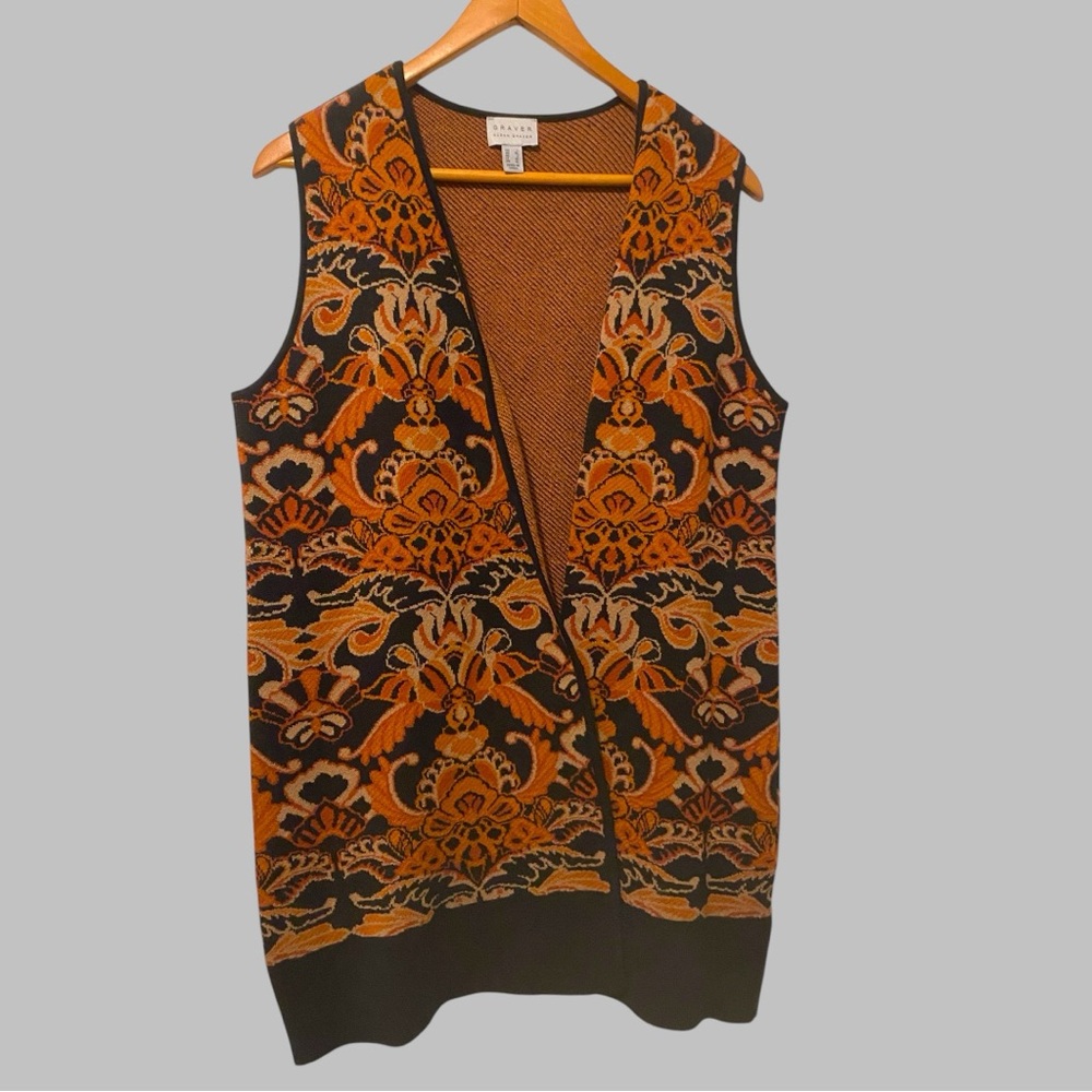 Susan Graver knit Sweater Open Cardigan Vest Paisley Size L